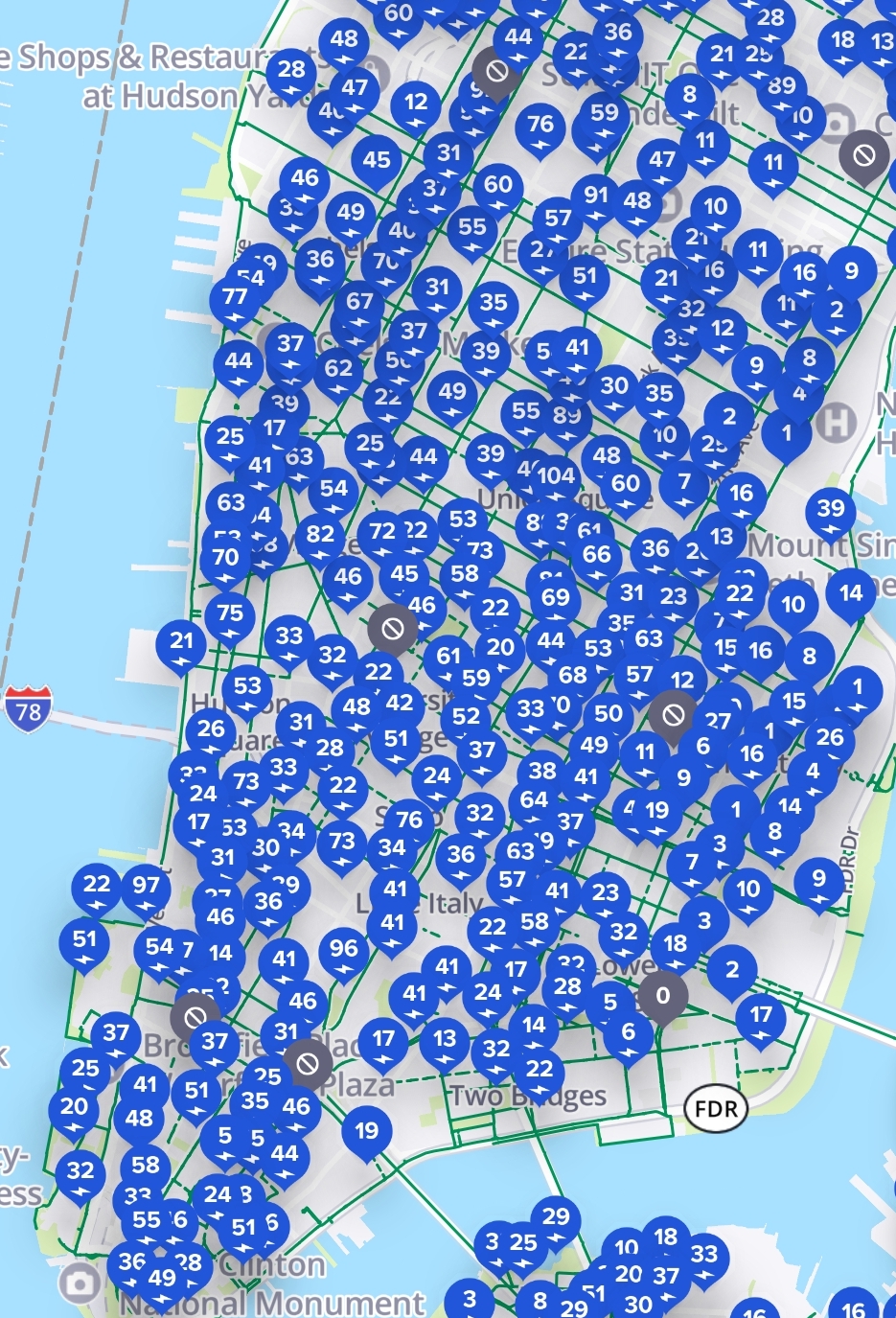 Przykładowa mapa miejsc i liczby rowerów do wypożyczenia